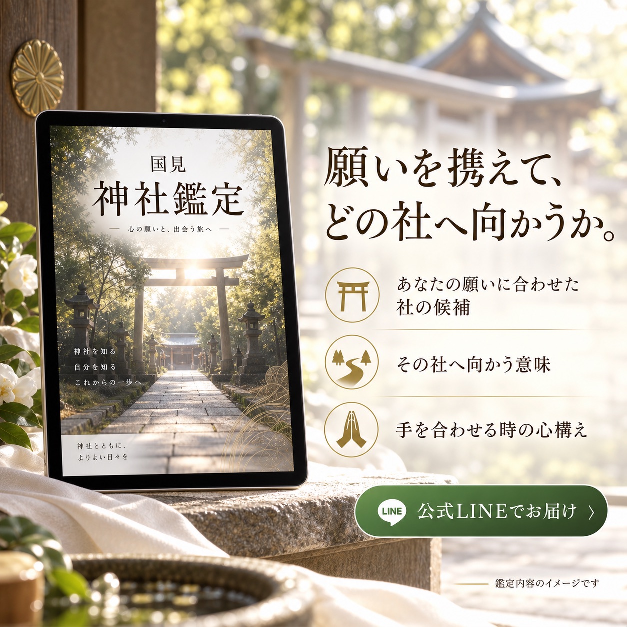 神社鑑定の案内書イメージ。願いに合わせた一社と参り方を案内する