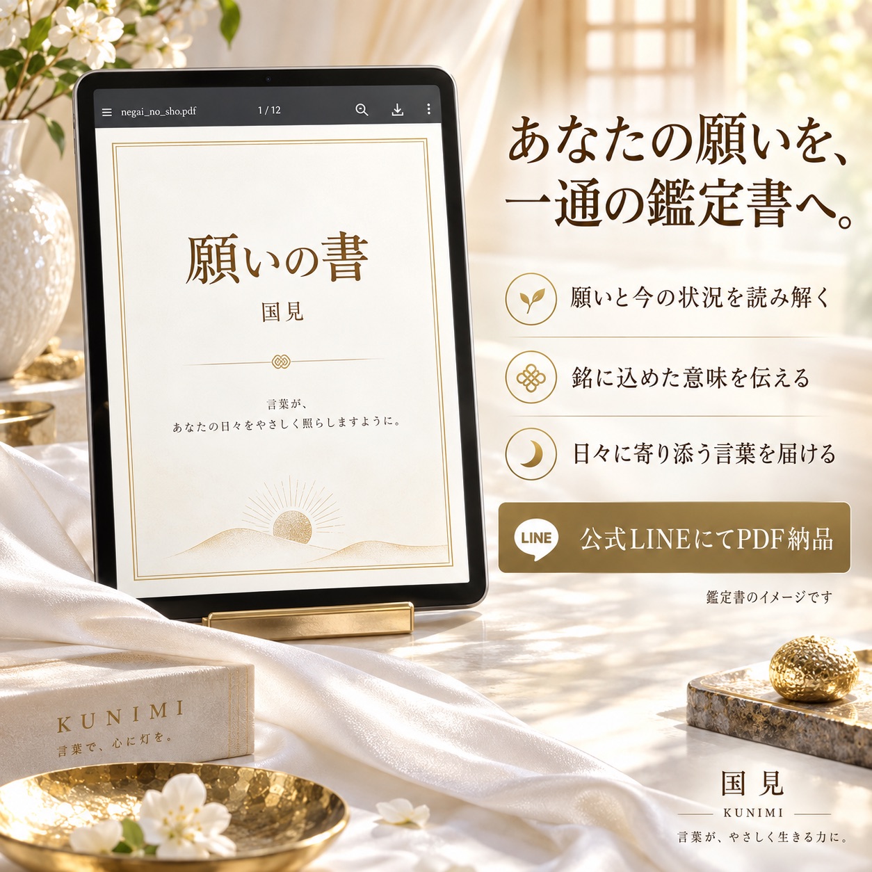 願いの書の鑑定書イメージ。願いと今の状況、銘の意味、日々に寄り添う言葉を記す